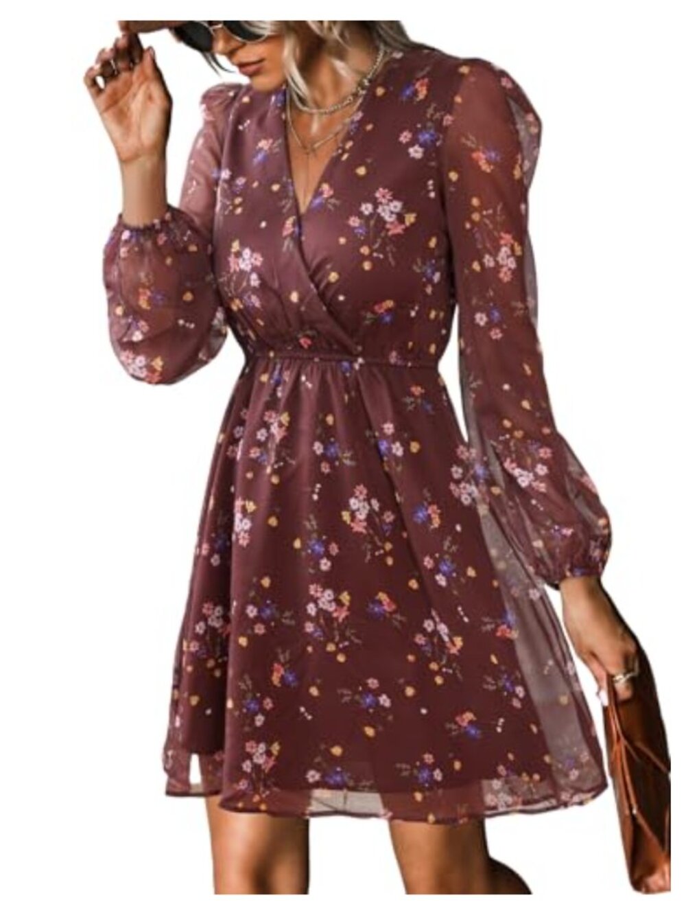 Chiffon Floral Print A-Line Mini Dress Long Sleeve V-Neck Women's Sundress